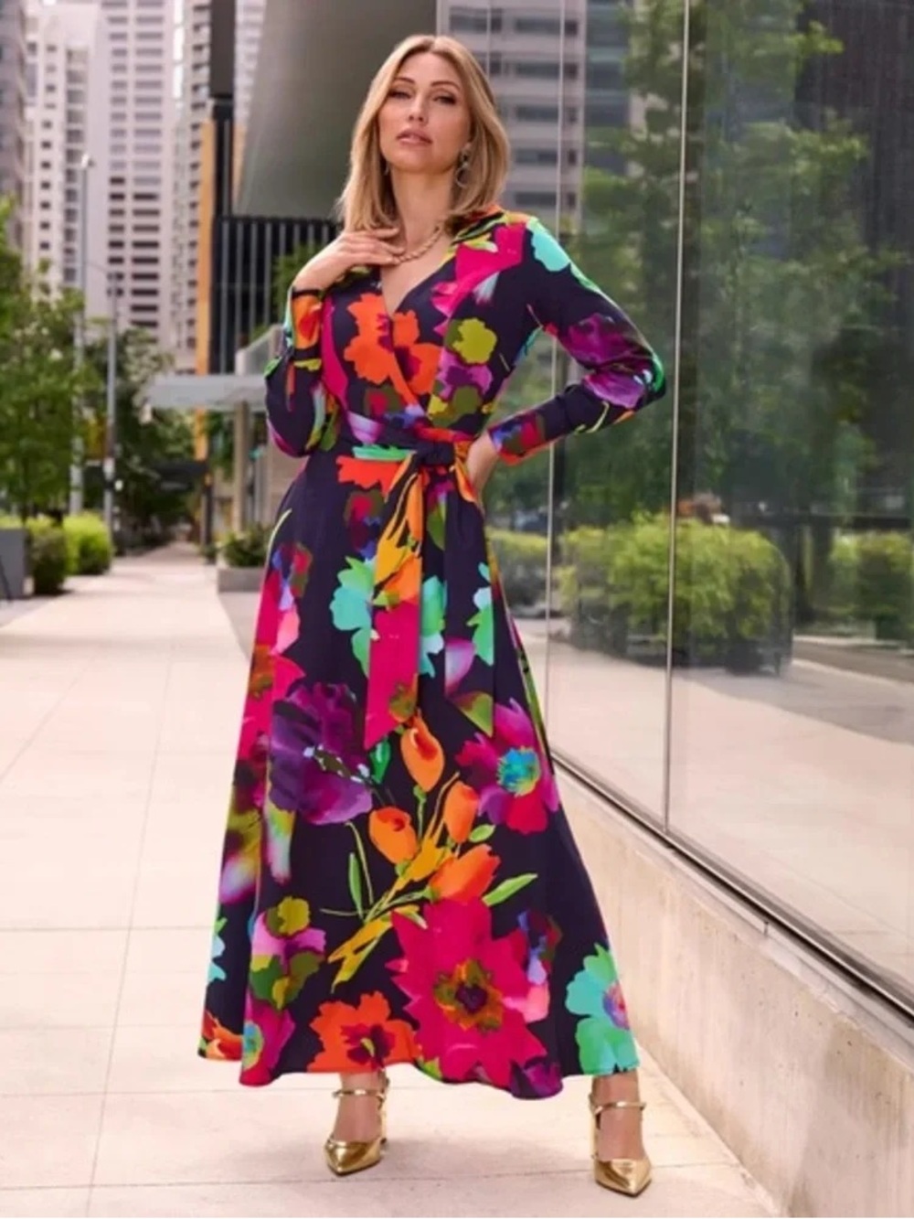 Boston Proper Bold Floral Wrap Maxi Dress — Navy with Multicolor Blooms